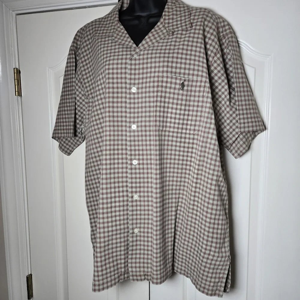 VTG Polo Ralph Lauren Adams Shirt Mens XL Tan Check  Loop Collar Short Sleeve‎